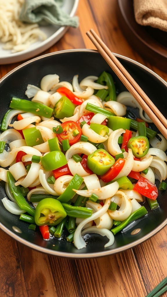 A colorful stir-fry of onions and green peppers in a skillet, garnished with green onions.